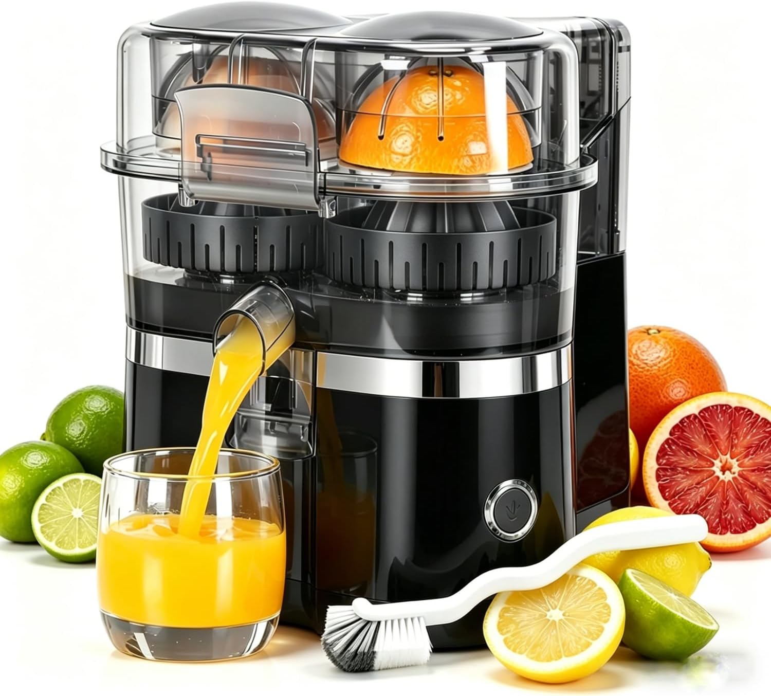 Dual-Head Automatic Citrus Juicer, Electric Orange Machine with Built-in Cutter and Cleaning Brush, One-Button Fresh Juice Maker Easy Clean Portable Juicer for Kitchen Home Use (White)