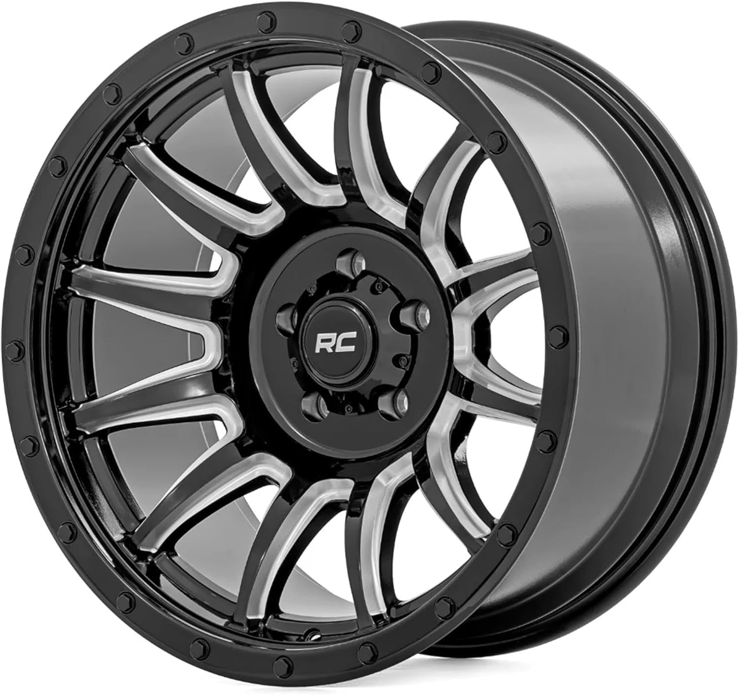 Rough Country 90 Series 20x10 Wheel - 8x170mm Bolt Pattern, 19mm Offset, One Piece Aluminum Rim, Gloss Black Finish with Machined 12-Spoke Design for Trucks, Jeeps, Off-Road