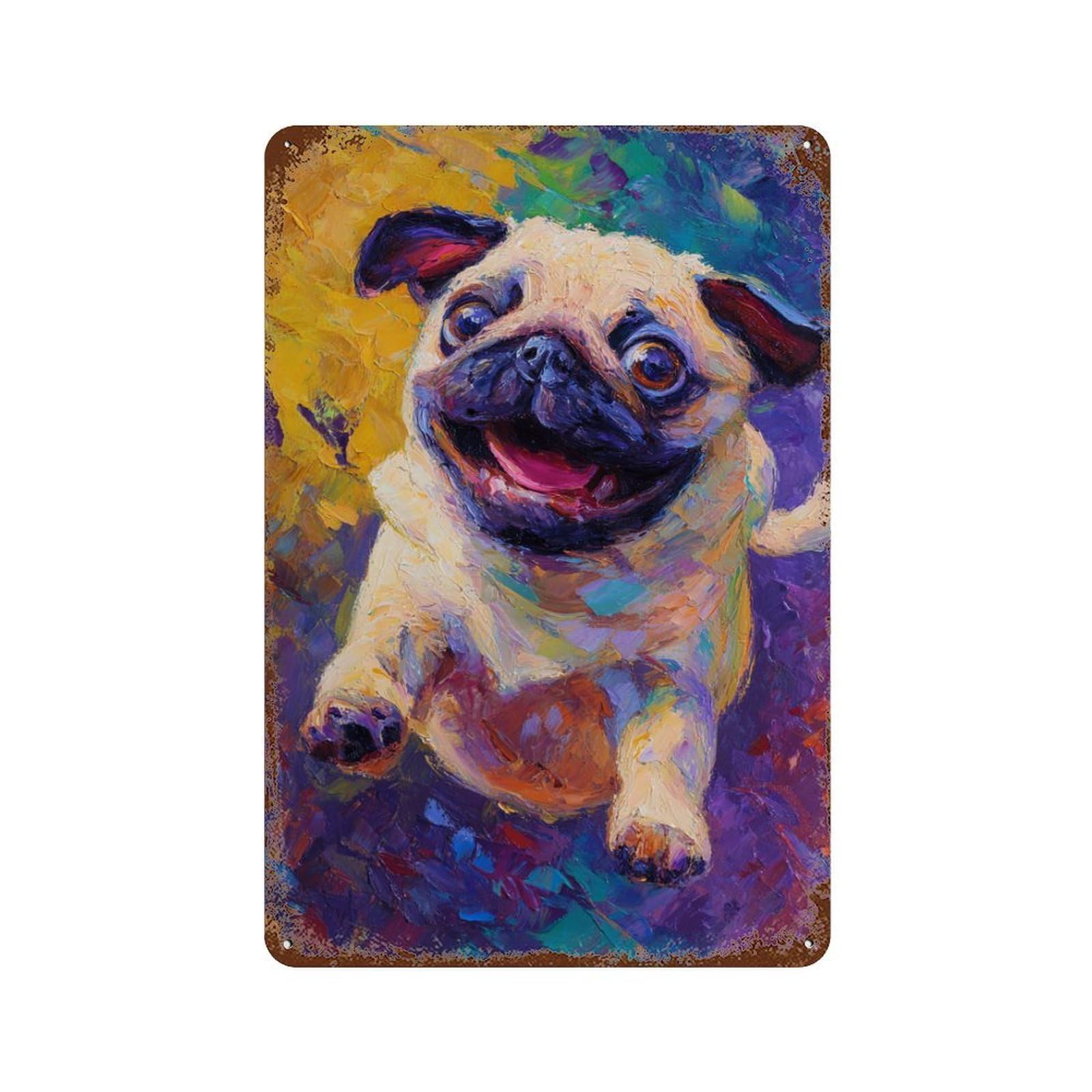 Distressed Metal Wall Sign Happy Pug Painting 11.8"x7.9", Shabby Chic Decor for Patio, Garden Room And Bar Decor