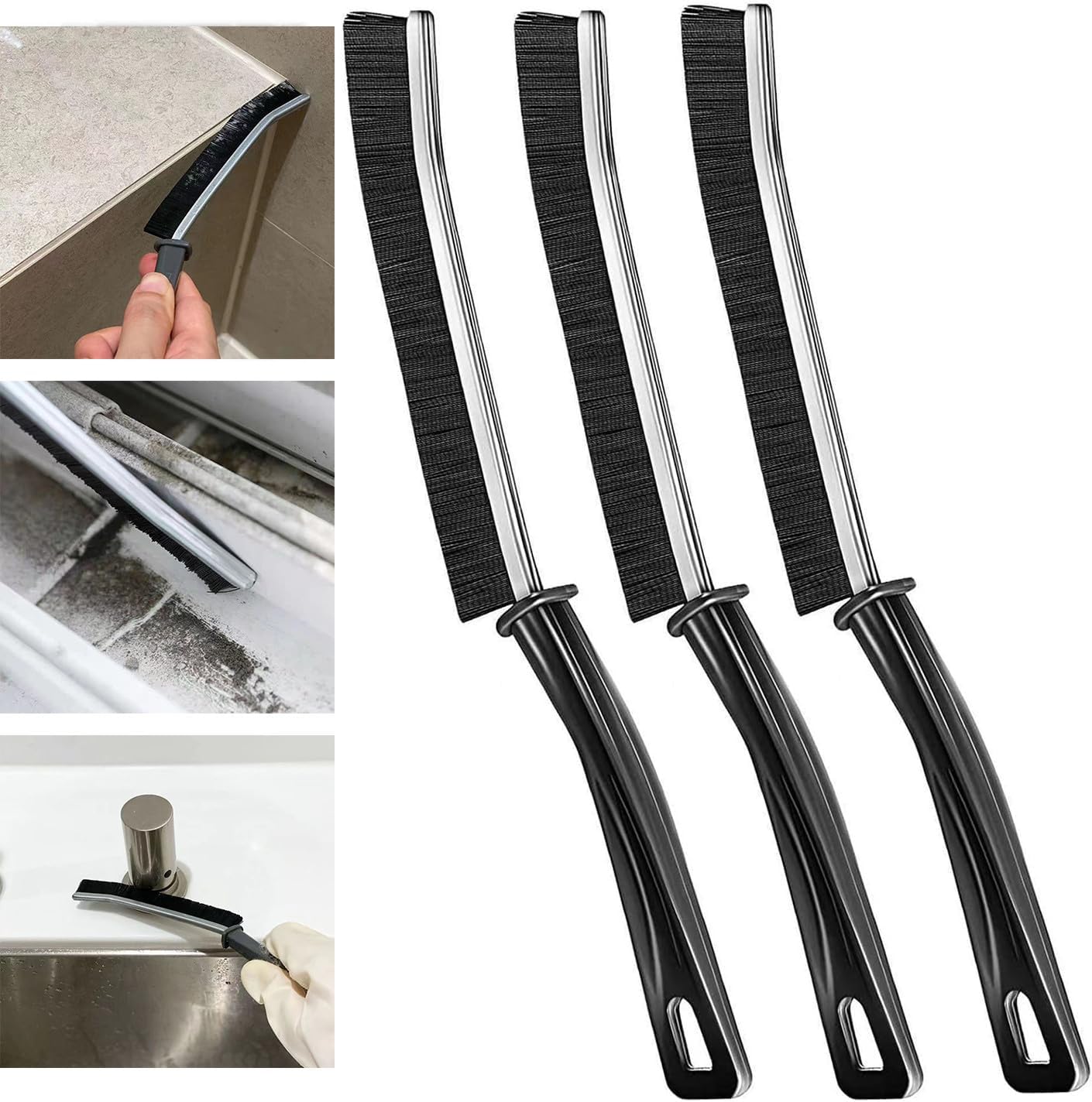3PCS Crevice Cleaning Brush, Nylon Bristle, Plastic Handle, Black, Cleaning Brush, Kitchen Sink, Bathroom Basin, Toilet Lid, Window Frames, Narrow Gaps