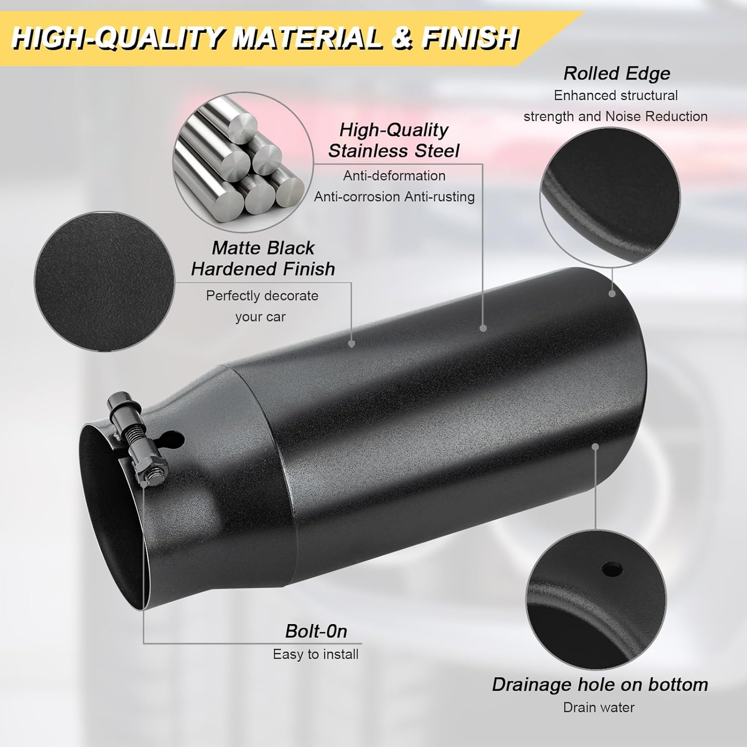 Vurkcy 4 inch Inlet Exhaust Tip, 5" Outlet 12" Overall Length Stainless Steel Exhaust Tail Pipe, Bolt-On, Rolled Edge, Slant Sleek Angle Cut, Polished Tailpipe, Black