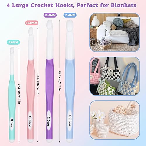 Miniatura 2 de Katech Juego de 4 ganchos de ganchillo de gran tamaño (0.315 in, 0.394 in, 0.472 in, 0.591 in), juego de agujas de ganchillo ergonómicas para