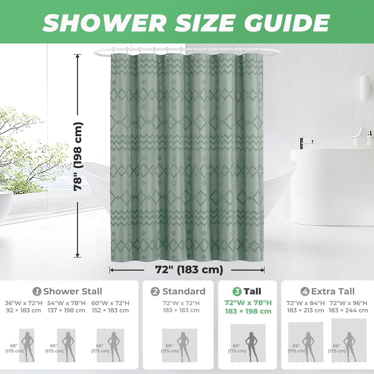 Seasonwood Sage Green Shower Curtain, Boho Woven Tufted Geometric Fabric Green Shower Curtain for Bathroom Modern Shabby Chic Textured Waterproof Farmhouse Cloth Shower Curtains, 72 x 78 Inches