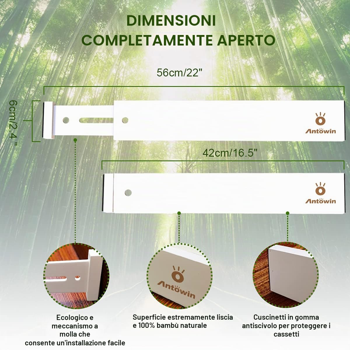 ANTOWIN Divisori per cassetti in bambù, separatori per cassetti, lunghezza 43,2-55,9 cm, organizer regolabile a molla per utensili grandi, vestiti, cassetti degli attrezzi, confezione da 6 divisori +