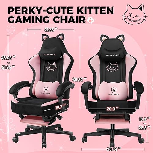 Miniatura 2 de GTRACING Silla de Juegos Rosa Bonita con Orejas de Gato Silla de Computadora Ergonómica con Bordado de Gato Soporte Lumbar de Espuma Viscoelástica
