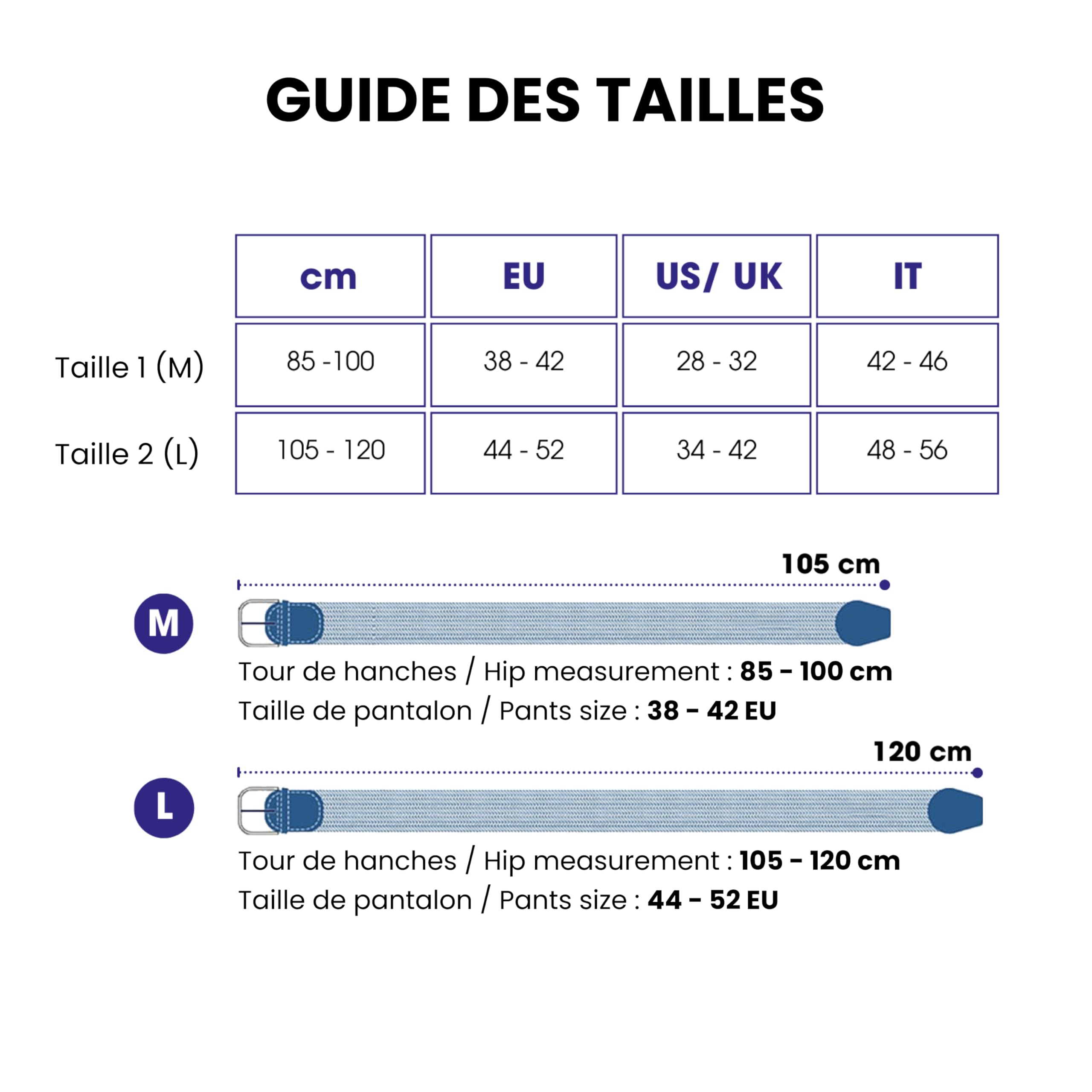 PIERROT Ceinture Tressée Élastique Made in France - Ceinture Elastique pour Hommes Étirable avec Tissu Souple 105cm à 120cm - Fabrication Artisanale Boucle en Acier & Finitions en Cuir