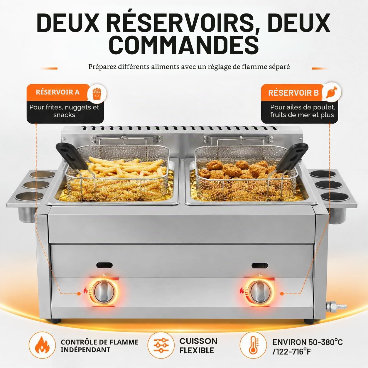 Friteuse à gaz double - 2 x 6 l - En acier inoxydable - Panier amovible - Contrôle de la température indépendant - Friteuse à graisse avec gobelet à épices - Pour usage commercial et privé