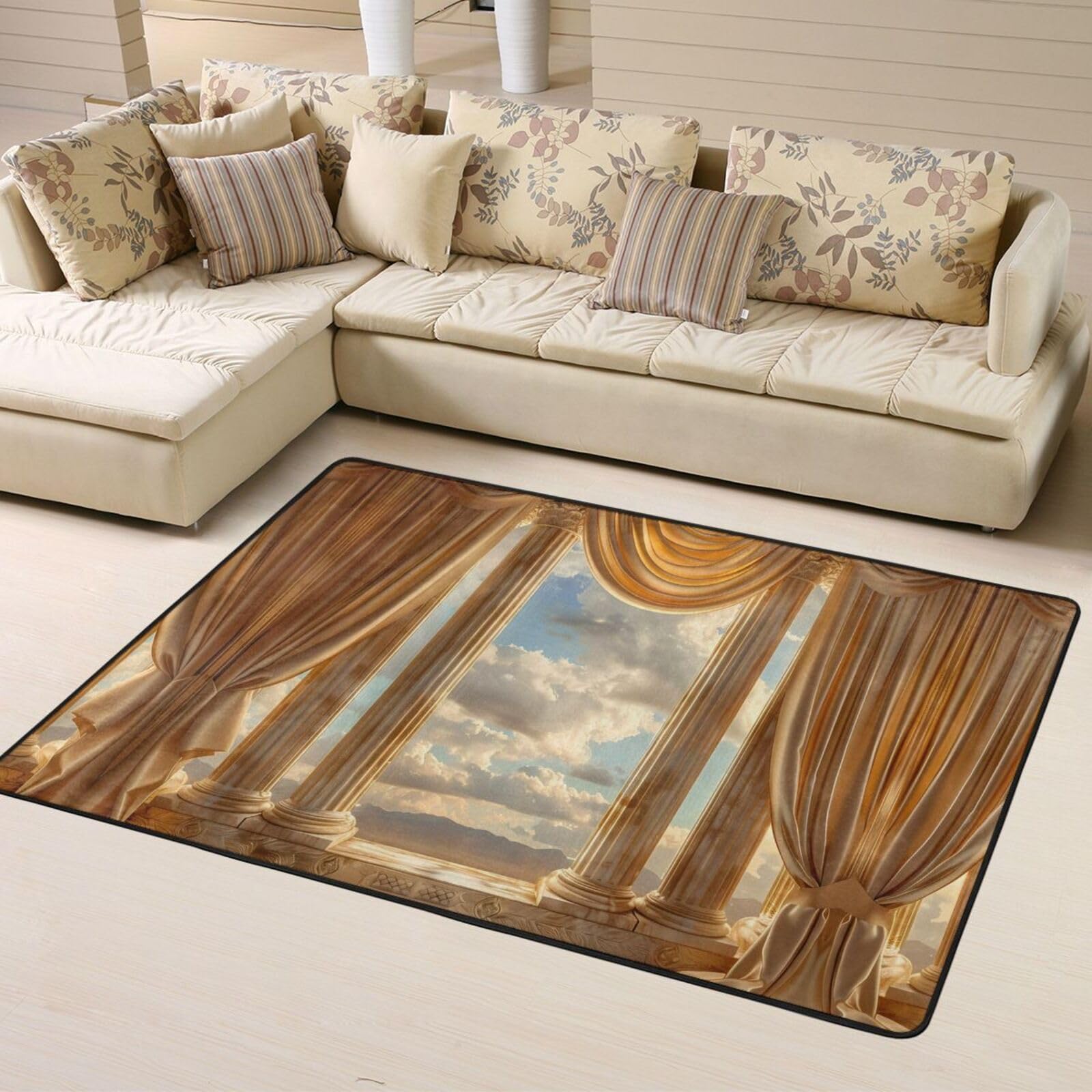 Goldene Vorhänge, Säulen, Wolken, für Wohnzimmer, Dekoration, weicher Überwurf, waschbar, Teppiche für Schlafzimmer, Wohnzimmer, 160 x 122 cm