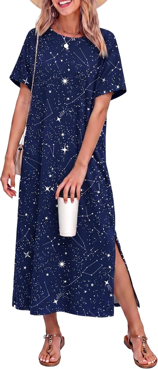 Camisón de algodón para mujer, camisón largo de manga corta, camisón de longitud completa, ropa informal para estar en casa