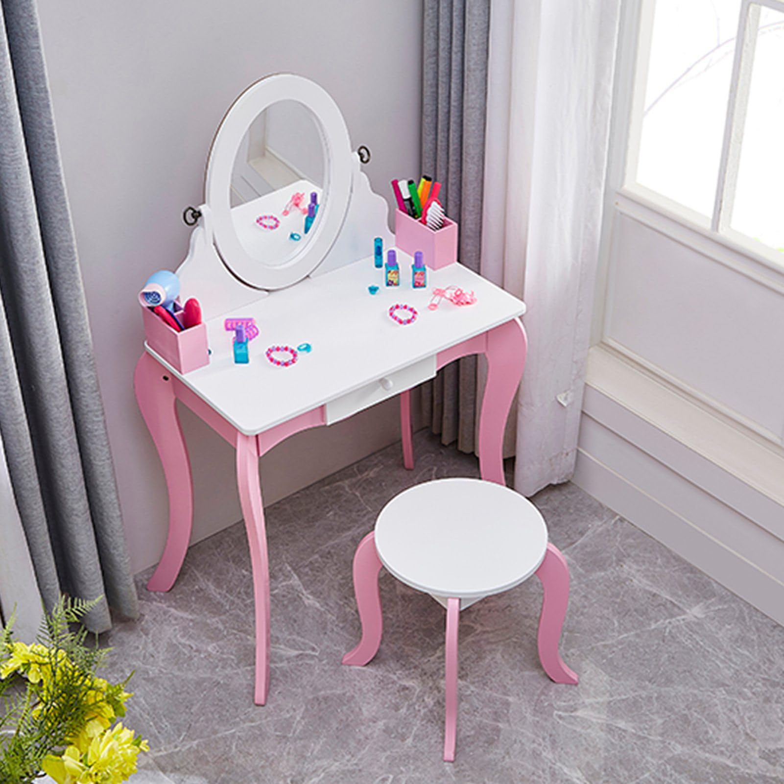 TARSHYRY Vanity Set with Mirror &amp; Stool, Makeup Vanity Desk for Little Girls, Children’s Dressing Table with Drawer for Fashion &amp; Role