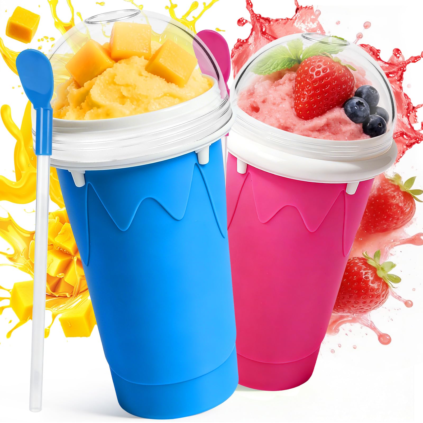 FANS-ONE Large Slushie Cup, 2 Pack DIY Magic Slushy Cup (Blue+Pink)