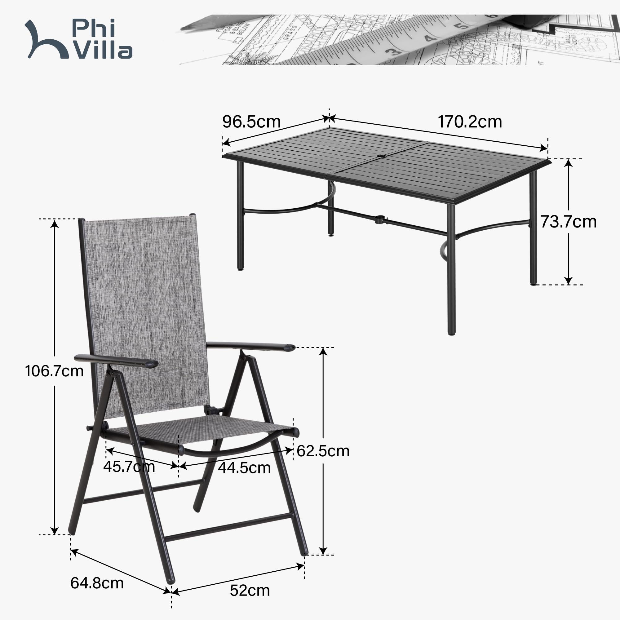 PHI VILLA Gartenmöbel Set Wetterfest Gartentisch mit Stühlen 6 Personen Metall Gartentisch mit 7-Fach Verstellbar Hochlehner Klappbar Aluminium Gartenstühle Set 6, Terassenmöbel Außen Grau