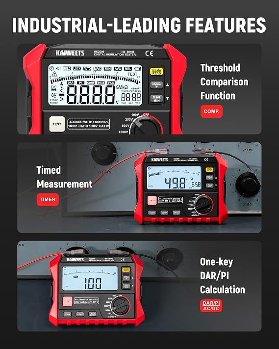 KAIWEETS Megohmmeter Insulation Tester 0.1M-200G 2500V DAR/PI Ohm Meter