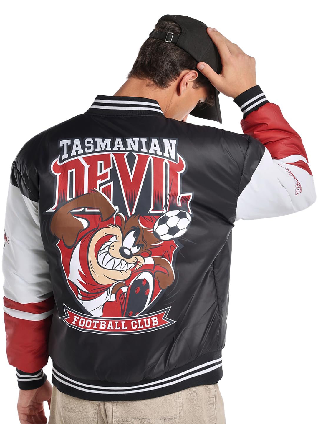 Bewakoof Official Looney Tunes Tasmanian Devil Men's Graphic Print Oversized Fit Full Sleeve Stand Collar Nylon Jacket in multi
