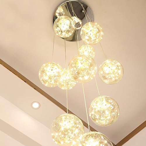 Miniatura 6 de KAUCQI Candelabro LED de 10 luces para escaleras, lámparas de techo de cristal, grandes para techos altos, entrada, accesorios de iluminación