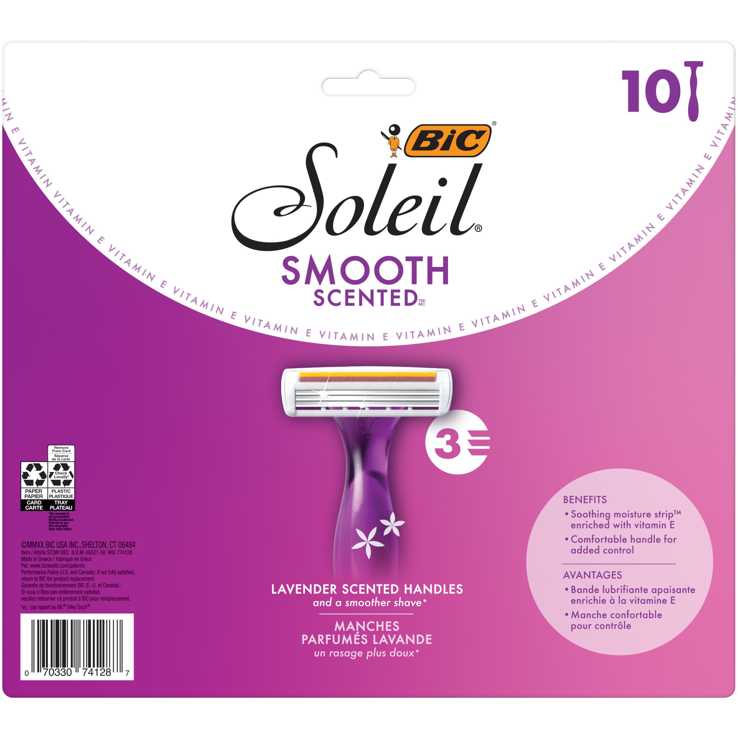 Soleil 3 Scented Women's Disposable with 3 Blade Razors, Calming Lavender Scent and Vitamin E Moisture Strip, 10-Count