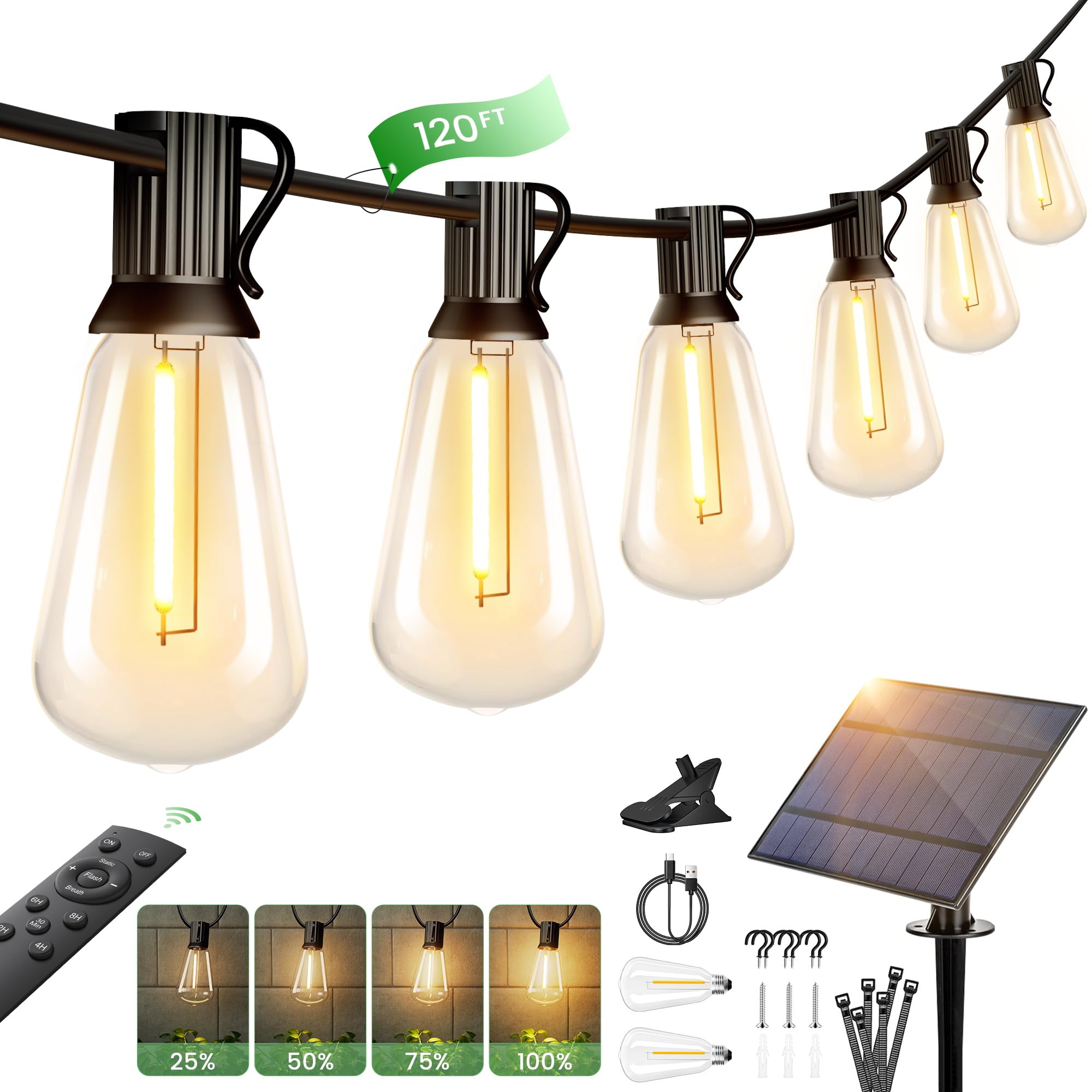 Torkase Catena luminosa solare per esterni, 120FT/36M ST38, catena luminosa da giardino con 50 + 2 LED in plastica, ricarica solare, 4 modalità, impermeabile, per giardino, terrazza, matrimonio,
