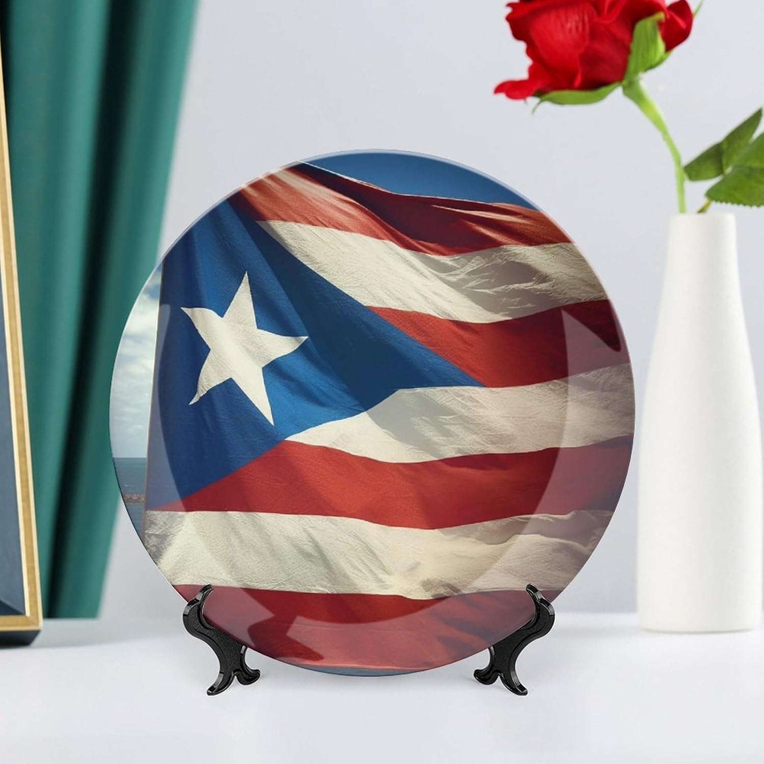 Bone China Decorative Plates Puerto Rico Wallpaper Flag Ceramic Decorative Plate Wall Decor with Display Stand Ceramic Ornaments for Wall Hanging Decoration
