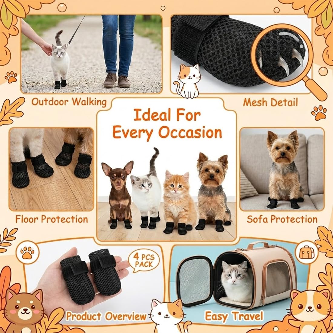 4 Pzs Protectores De Uñas Para Perros, Gatos,Guantes Para Gatos A Prueba De Arañazos, Protector Ajustable De Malla Para Uñas De Gato, Antideslizantes (L/4-7Kg)
