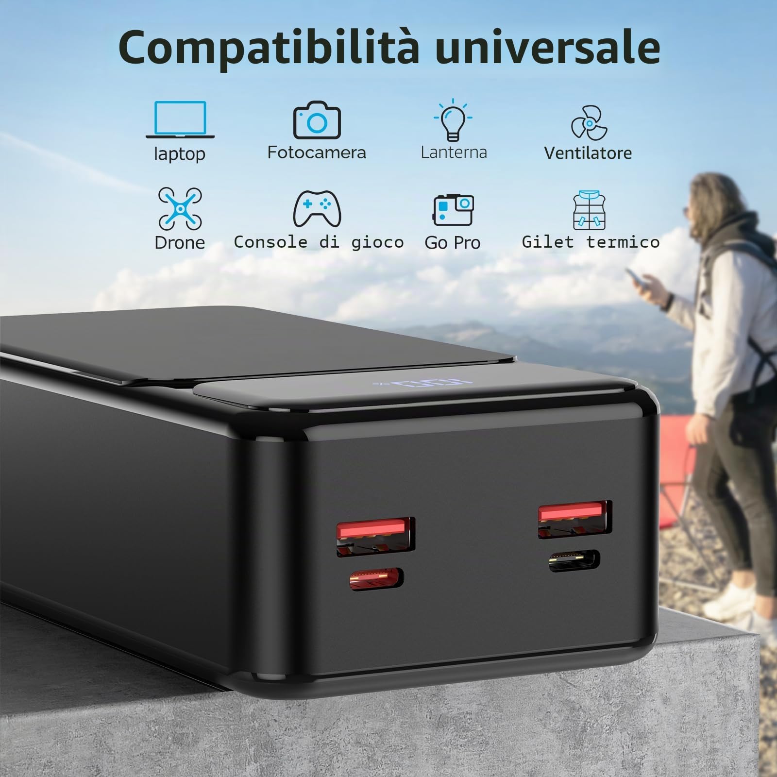 Powerbank 50000 mAh 22,5 W Ricarica Rapida Power Bank Portatile USB-C con 4 Uscite & 2 Ingressi Display LED Grande Capacità Batteria Esterna per iPhone, Samsung, iPad ecc.