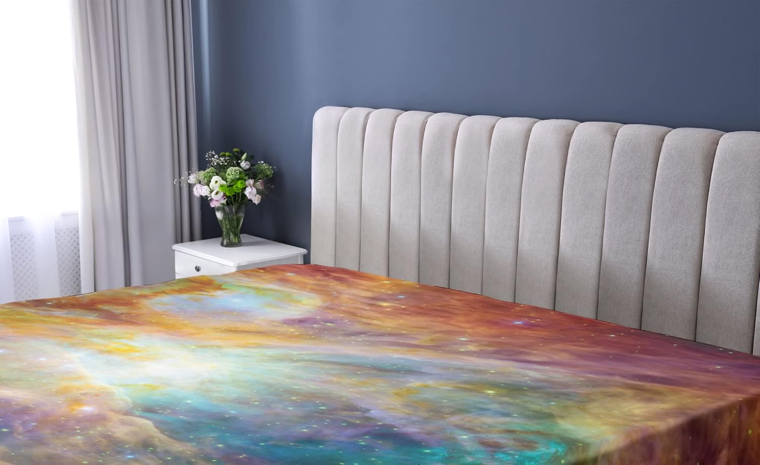 Ambesonne Outer Space Fitted Sheet, Universe Themed Composition with Stars and Nebula Space Dust Colorful Space, Bed Cover with All-Round Elastic Deep Pocket for Comfort, Queen Size, Amber Purple