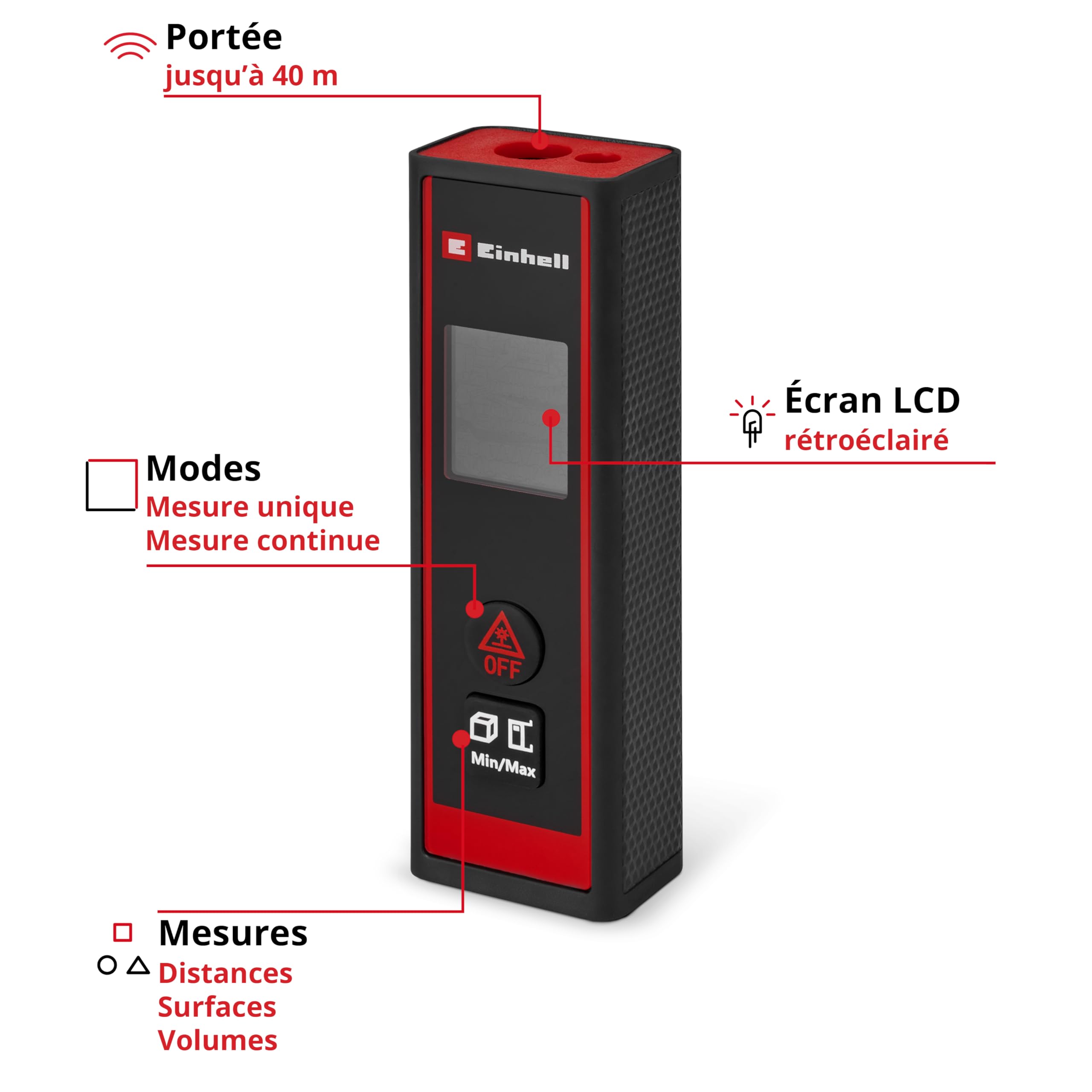 Einhell Télémètre Laser TC-LD 40 R | portée max. 40 m | 3 modes de mesure : distance, surface, volume | mesure continue | écran LCD | arrêt automatique