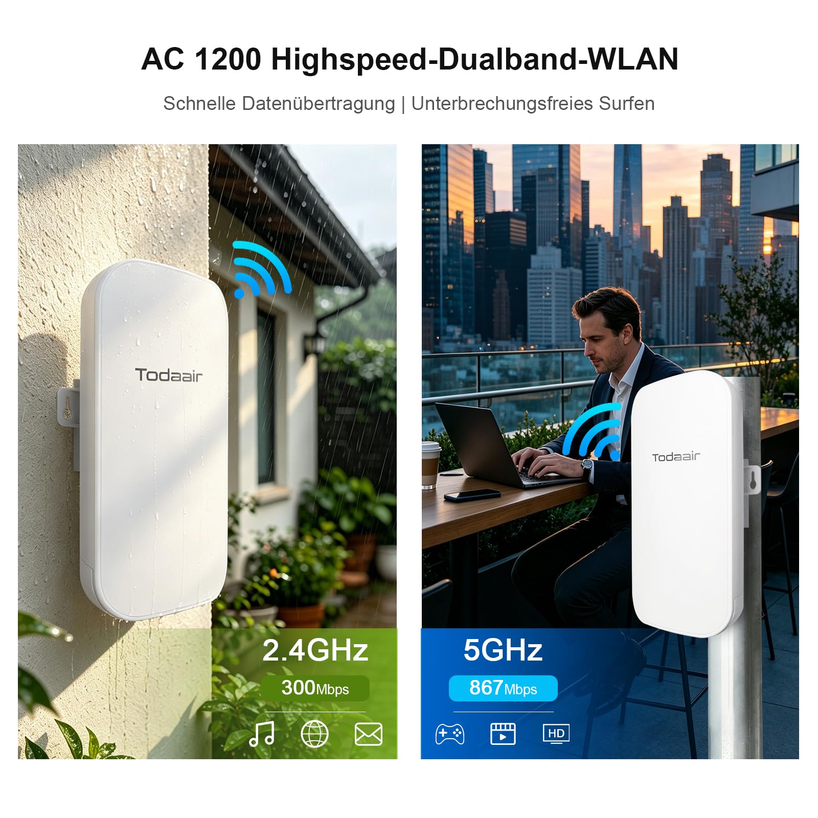 TODAAIR Rallonge Wi-Fi d'extérieur 1200 Mbps double bande, WiFi 6/7 WPA3 Enterprise, IP65 résistant aux intempéries, mode AP et répéteur, compatible avec les routeurs courants, pour cour, jardin
