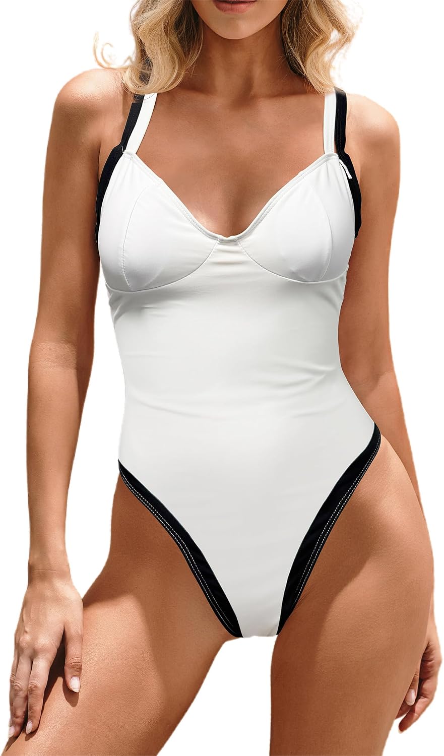 HYPERFIRE Women's V Neck Tummy Conrtol Bathing Suit Color Block High Cut Swimsuits One Piece