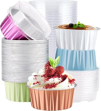 EUSOAR Assorted Colors Baking Cups, 5oz Pack of 50 Foil Disposable Ramekins Cupcake Liners, Aluminum Foil Muffin Liners Cups with Lids, Disposable Aluminum Foil Cupcake Holders Cases Boxes Pans