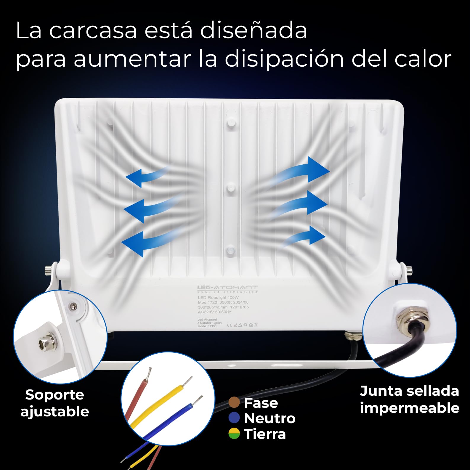 LED ATOMANT 2x Foco Proyector LED Exterior 100W Color Luz Fria IP65 11000lm | Color Blanco Frio 6500K, Impermeable