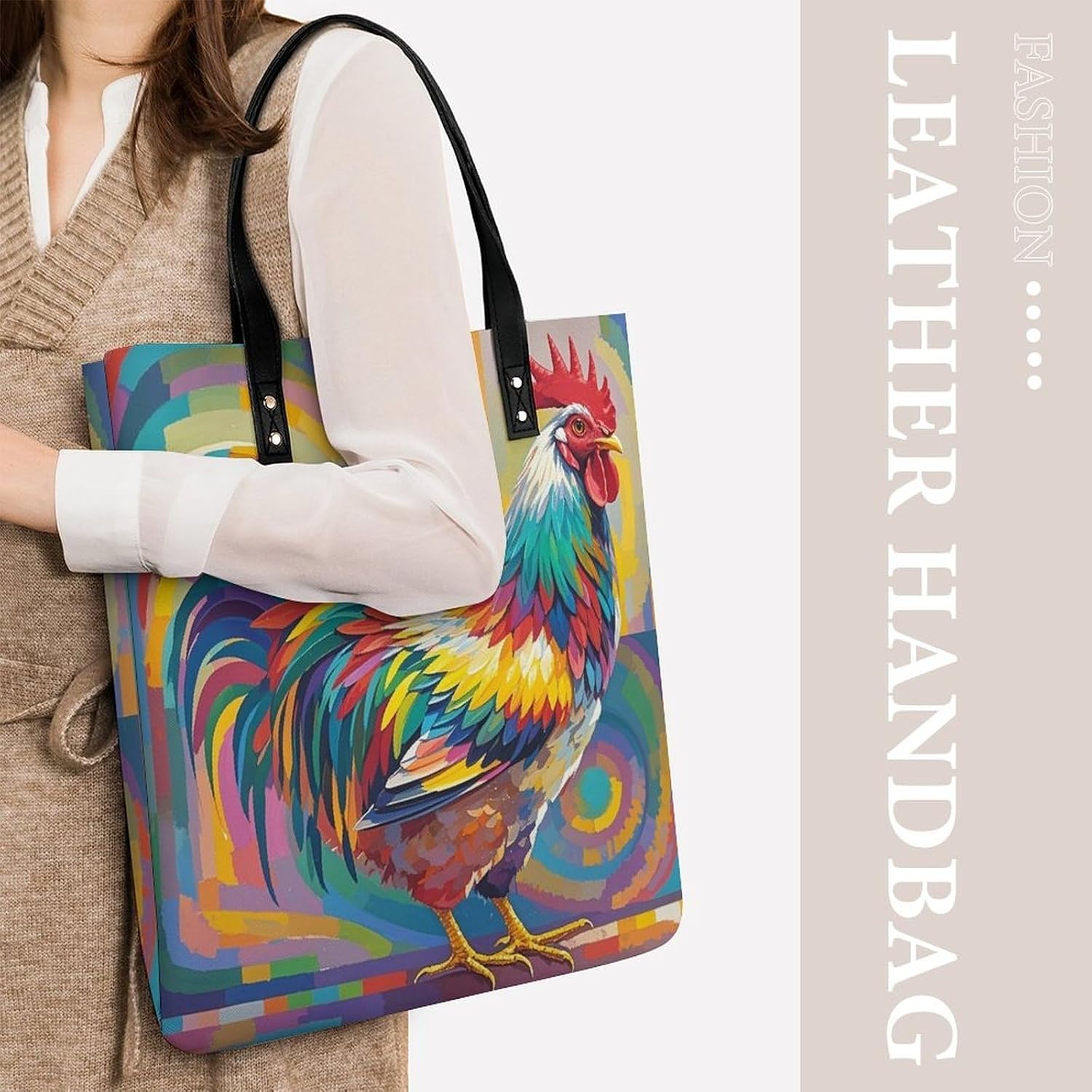 Art Chicken Tote Bag with Magnetic Buckle Reusable Grocery Bags Lightweight Cross Body Handbag for Daily Essentials