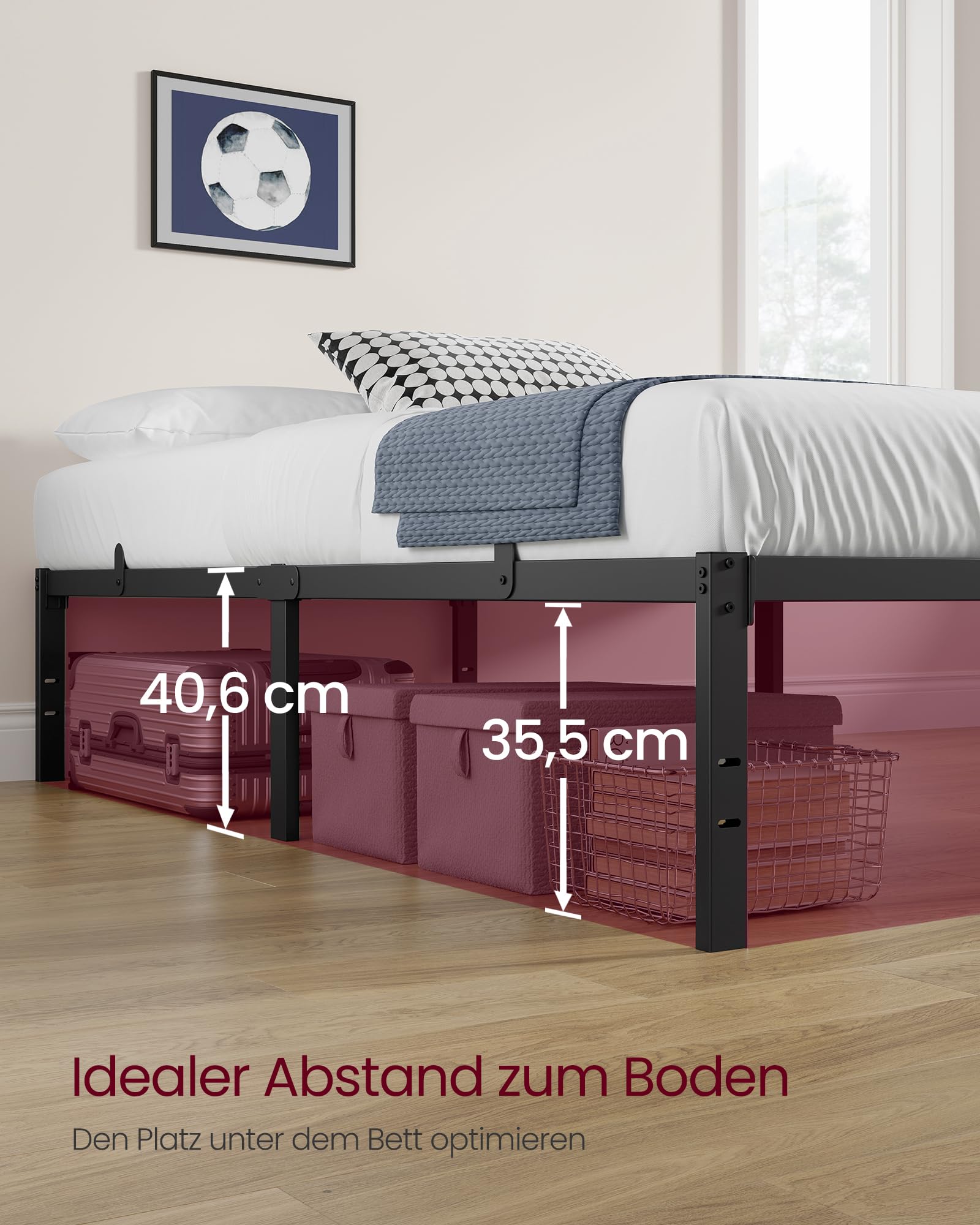 VASAGLE Doppelbettgestell, Bett, 140 x 200 cm, Metallbett, Bettrahmen, Unterbettaufbewahrung, modern, Gästebett, einfacher Aufbau, tintenschwarz RMB154BD01