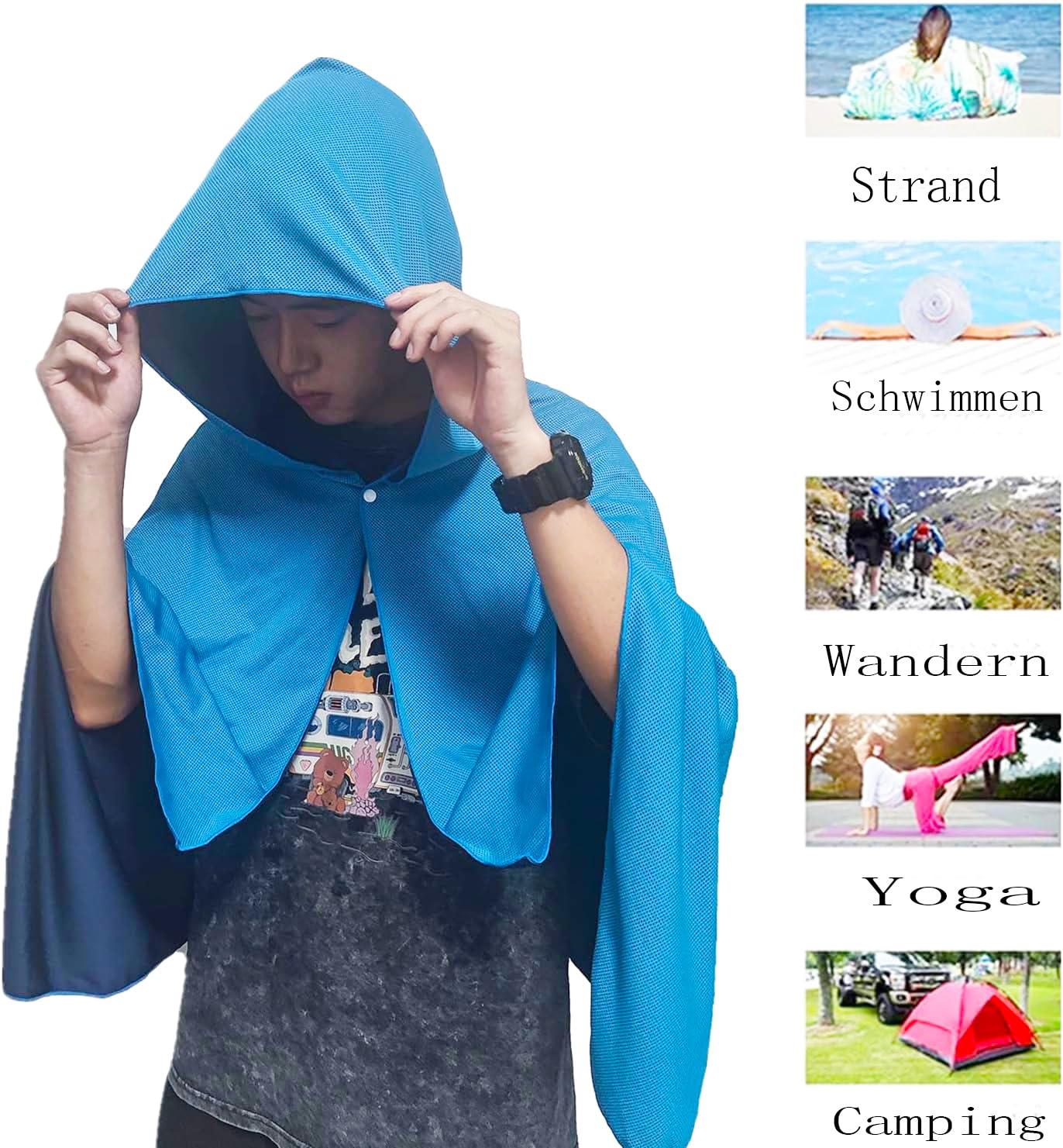 Poncho Rafraîchissant à Séchage Rapide – UV 95%, Antibactérien, 140x70 Cm, Avec Capuche – Pour Sport, Yoga, Voyage