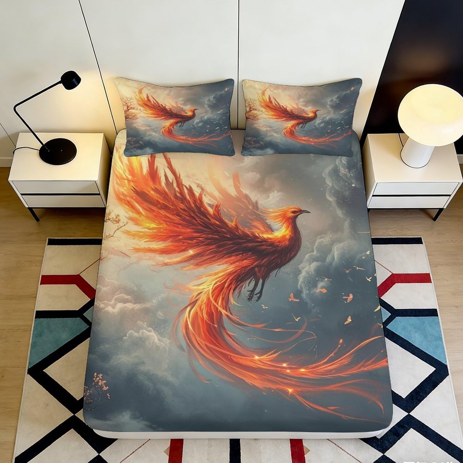 3D Printed Fiery Phoenix Fitted Sheet Microfiber Soft Orange Flame Art Mattress Cover for Bedroom Dorm Room Decor 90x200x25cm