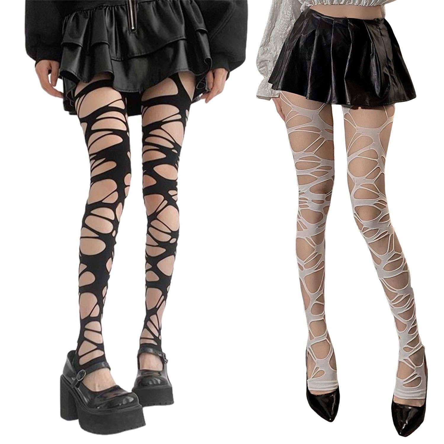 Oodjvn Unisex Black 2 Pairs Of Irregular Fishnet Socks, Gothic Punk Ripped Pantyhose, Y2k Style Ladies Stockings, Hollow Fashion Pantyhose (, White).