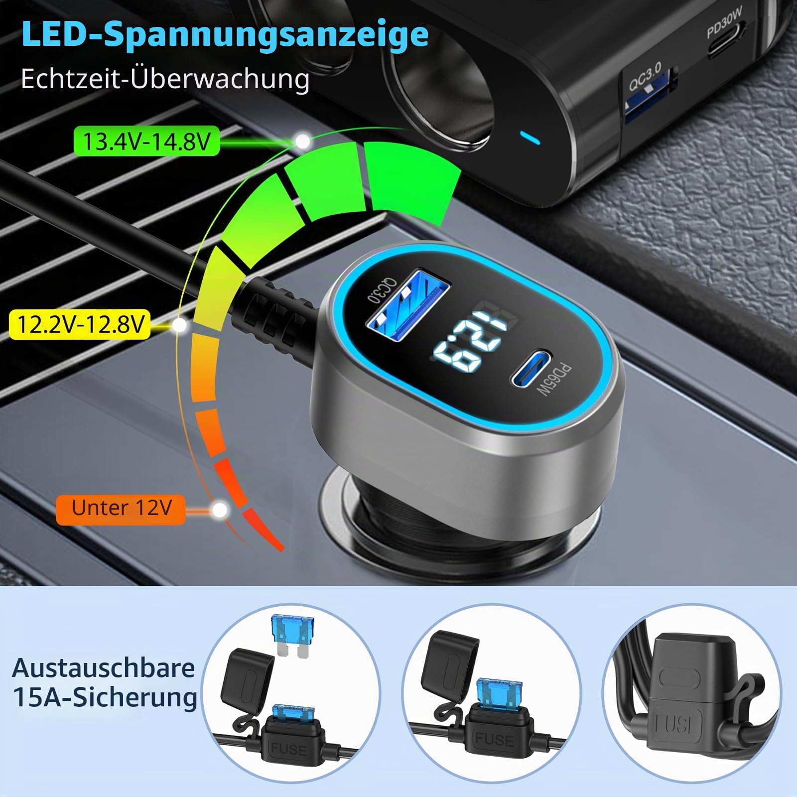 PD65W KFZ Verteiler auf Laptop: 200W Auto Zigarettenanzünder Adapter 12V Dual USB C Ladegerät 2 Mehrfach Steckdose 12 Volt DC Stecker Splitter mit LED Voltmeter für iPhone Sitzheizung GPS Kamera Navi