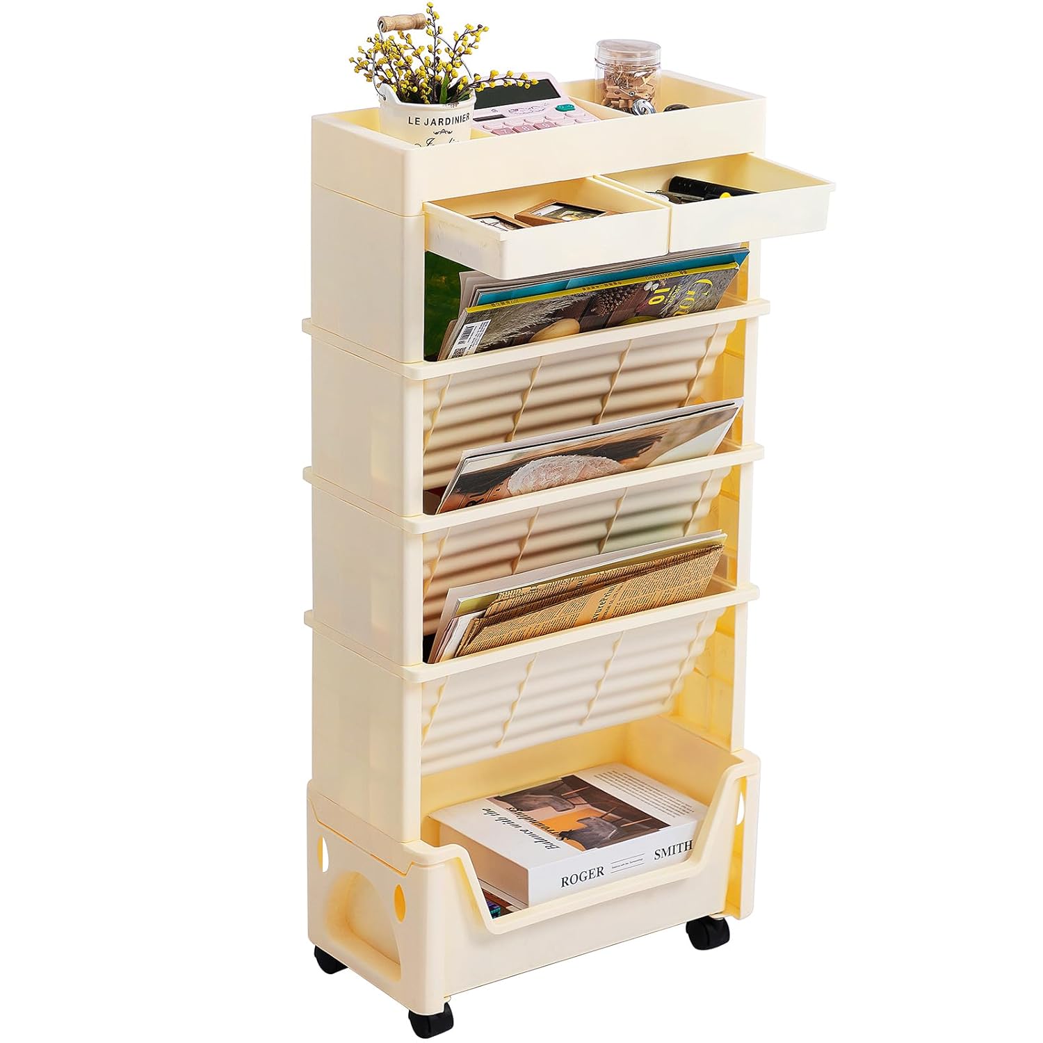AGTEK 5 Tier Rolling Utility Cart Book Cart with Wheels Office Book Carts with Divided Top Shelf for