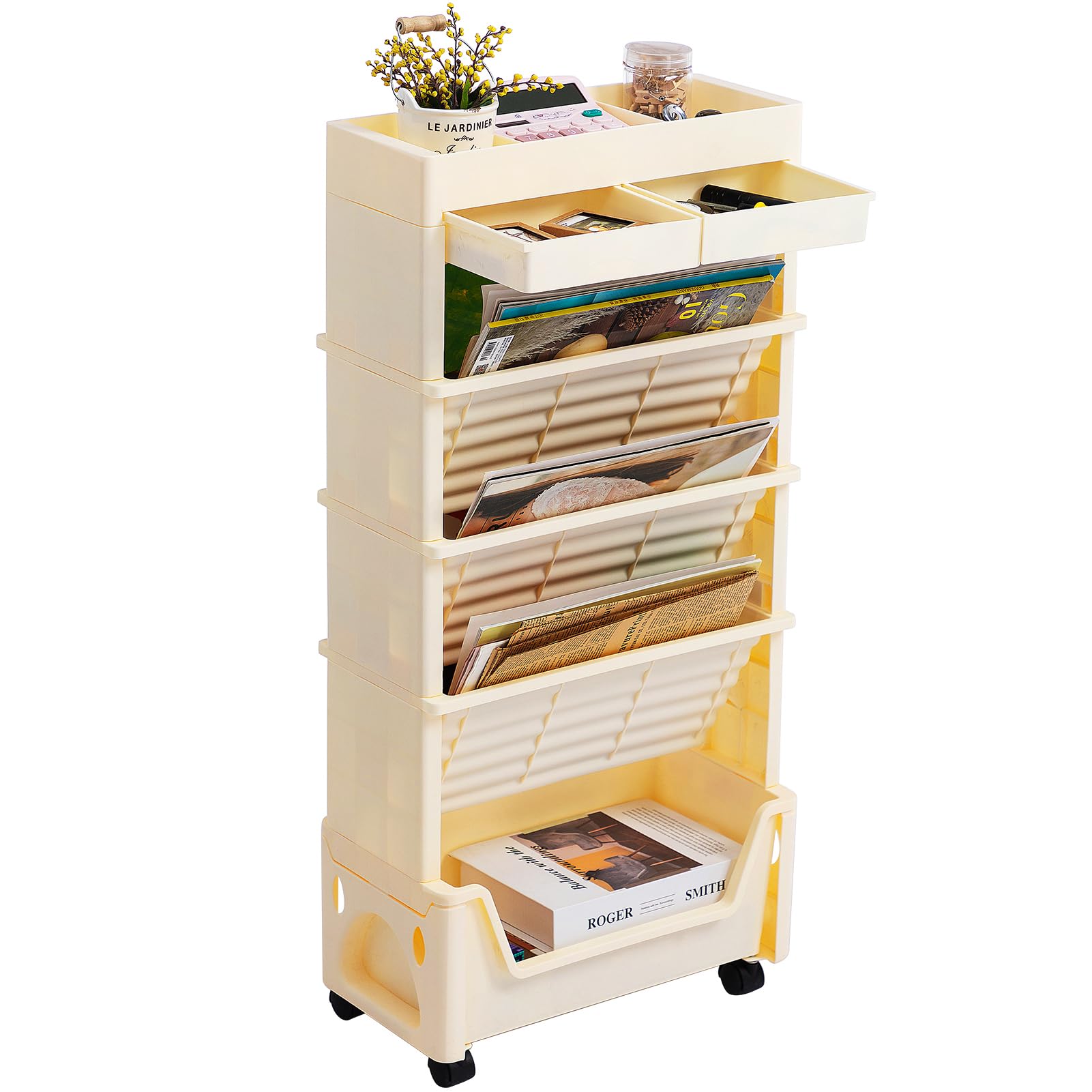 5 Tier Rolling Utility Cart, Book Cart with Wheels, Office Book Carts with Divided Top Shelf for Organizing Books and Supplies in Home, Office, Classroom, Beige