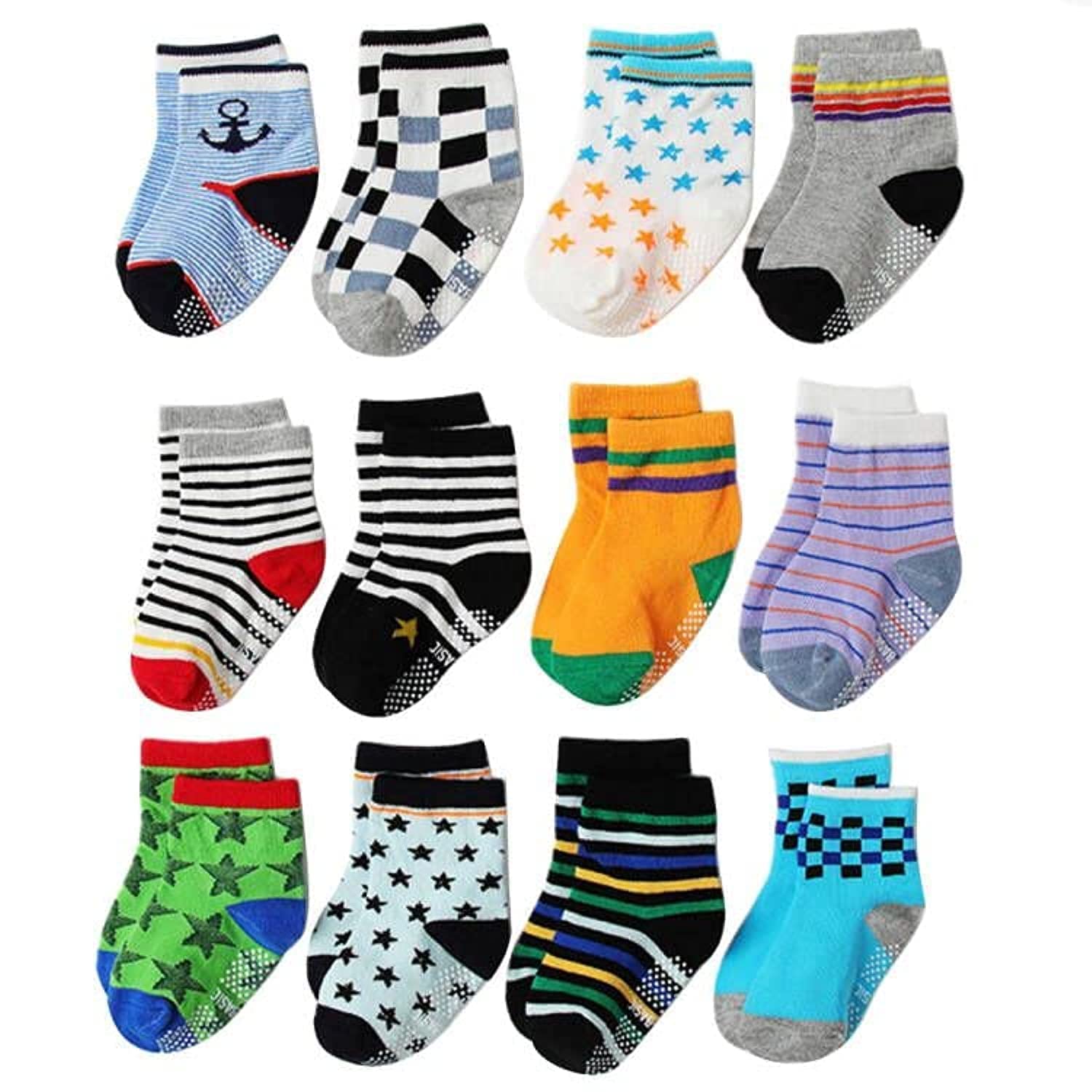 ORiTi6/12 Pairs Non Slip Toddler Socks 0-5 years Cotton Infant Baby Kids Grip Socks for Boy Girls Anti Skid Ankle Socks