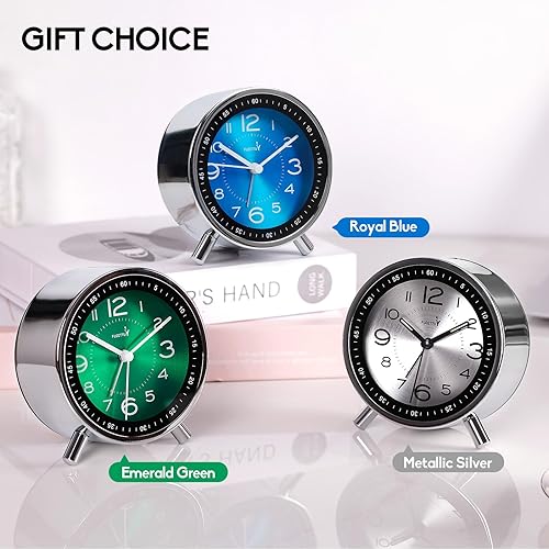 Miniatura 2 de Reloj despertador de metal súper silencioso, despertador redondo con tira de luz nocturna, funciona con pilas, fácil de instalar, simple y retro