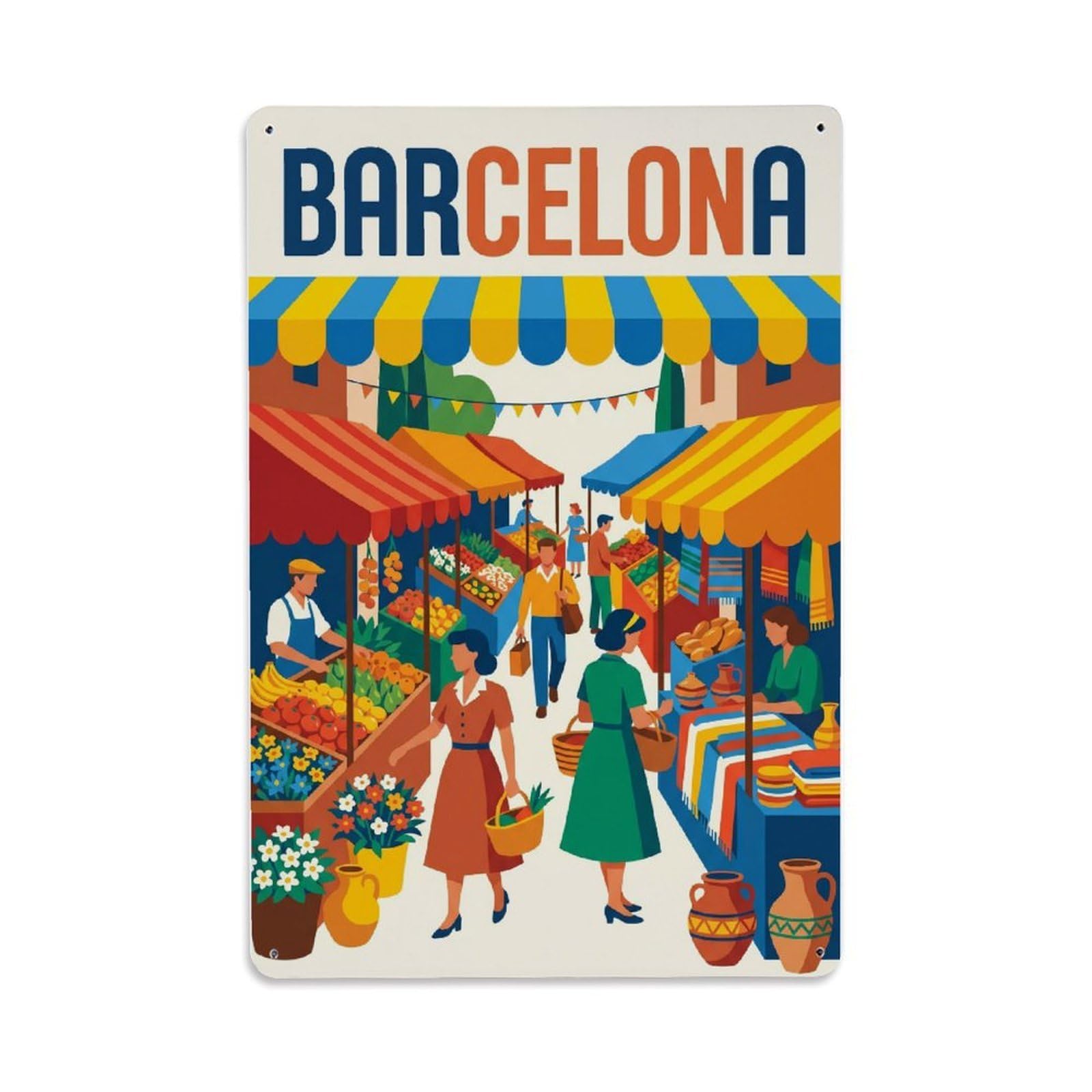 Vintage Travel Marketplace Spain Bustling Metal Tin Sign Plaque Wall Decor for Cafe, Club Bar, Office, Home Garden Metal Poster 8x12Inch