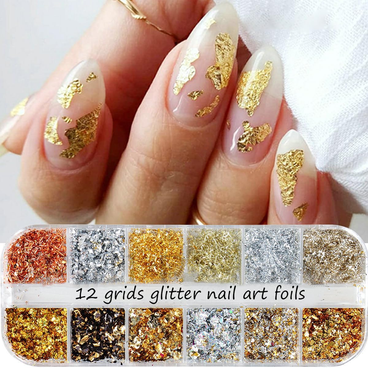 Holographic Nail Glitter Gold Foils for Kit, 12 Grids Sparkly Ultra-Thin Aluminum Foil Nail Art Flakes Designs, Powder Nail Glitters Sequins Acrylic Supplies DIY Manicure Charms Decorations, for Women - Image 6
