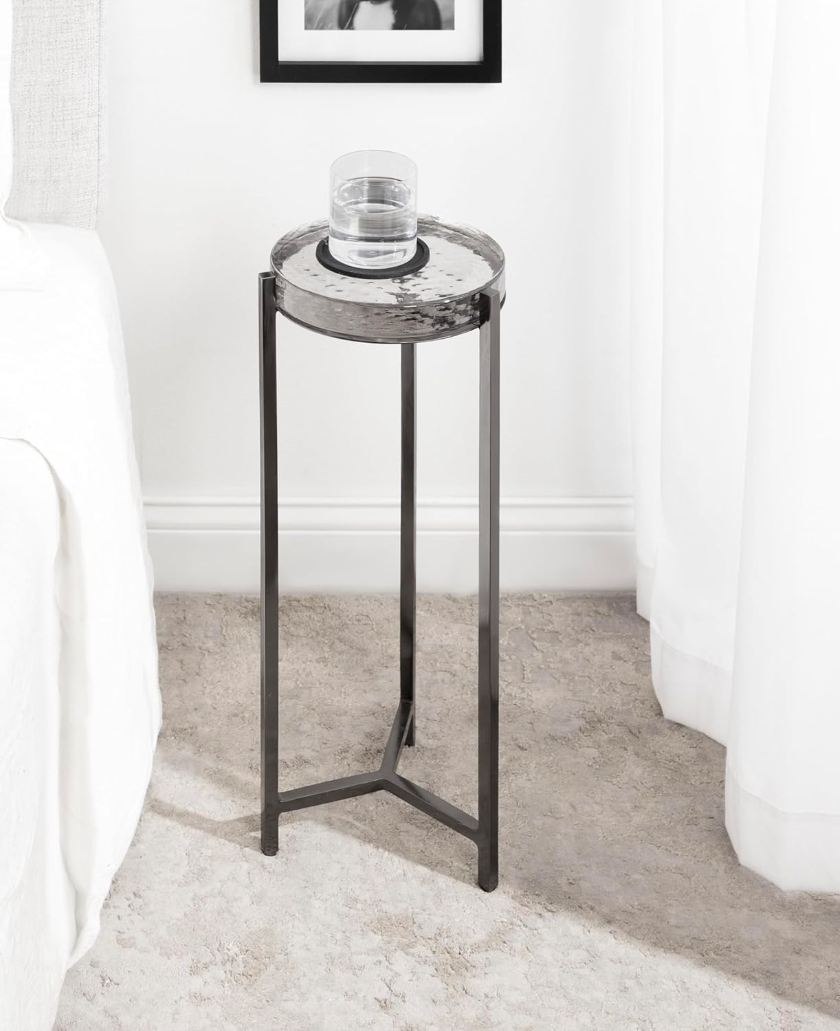 Kate and Laurel Aguilar Modern Drink Table; 9 x 9 x 23; Gray Gunmetal with Clear Glass; Unique Round Glass Accent Table for Small Spaces