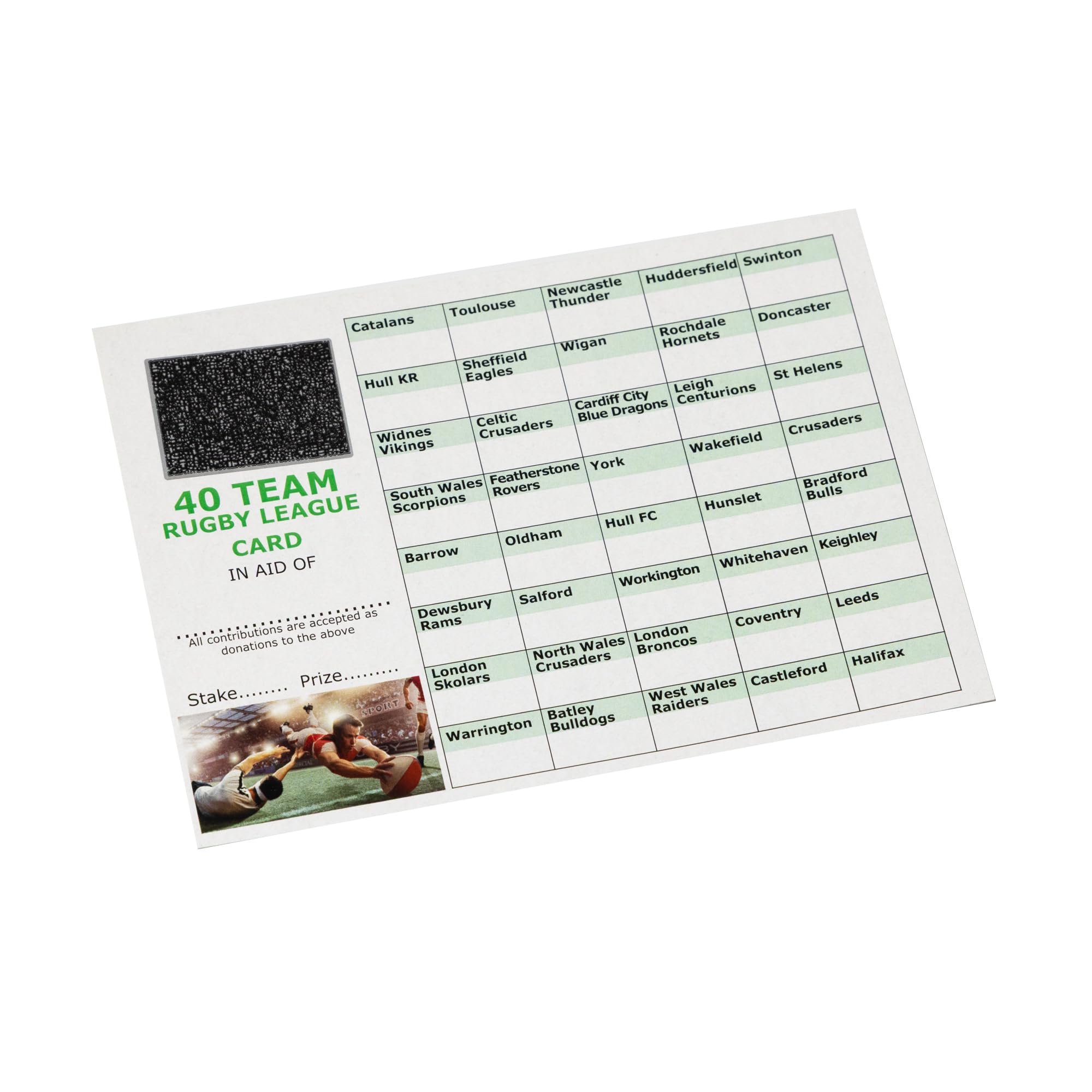 Crystals Club Supplies 100 x 40. Rugby League Fundraising Scratch Card