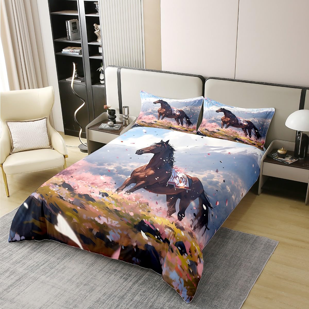 Homewish - Juego de cama de algodón, 200 x 200 cm, diseño de caballo, diseño de caballo, color marrón
