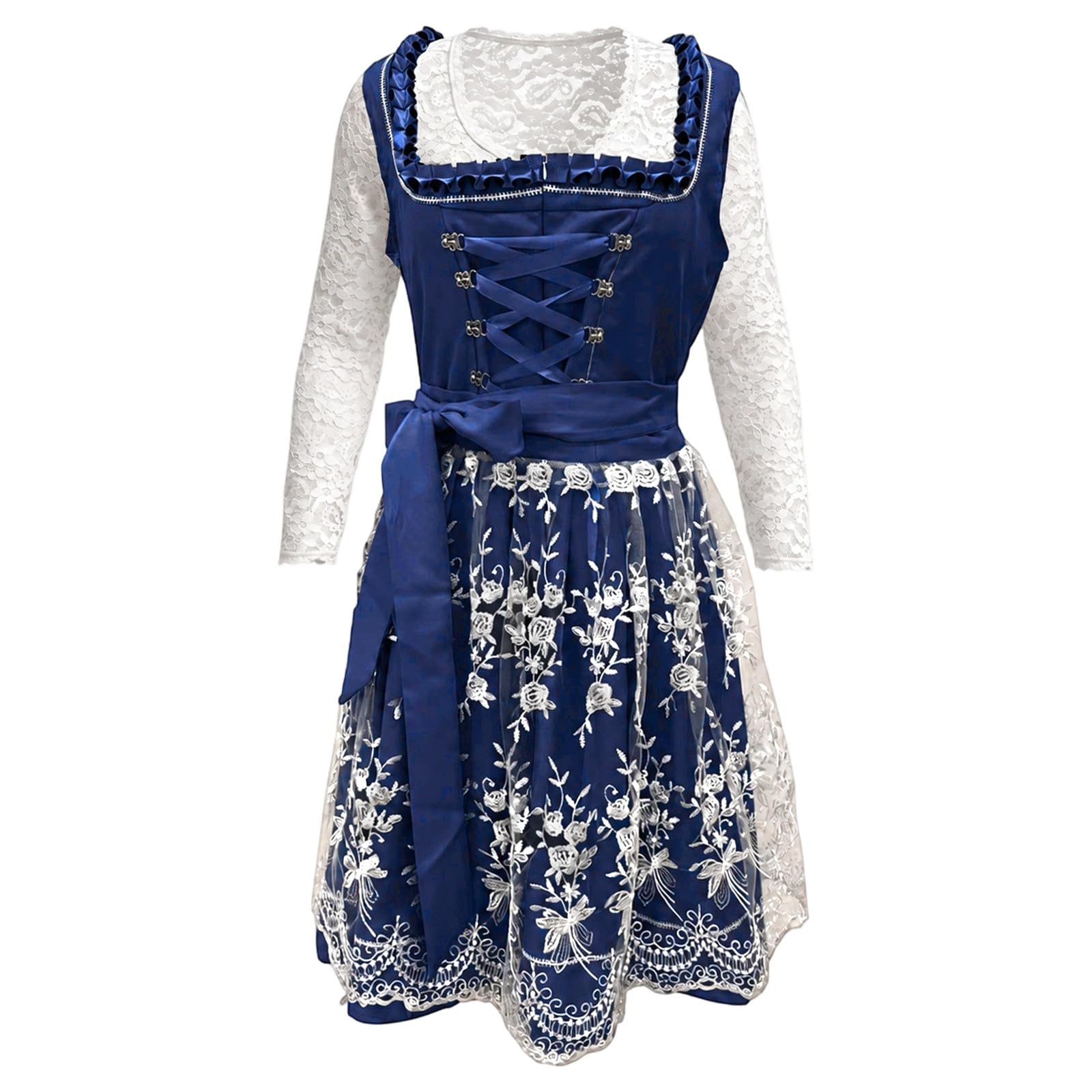 Dirndl Damen Midi Set 3 Teilig Oktoberfest Outfit Dirndlkleid inkl. Trachtenkleid Dirndlbluse Dirndlschürze Elegant Schlicht Spitze Trachten Kleid für Karneval Volksfeste
