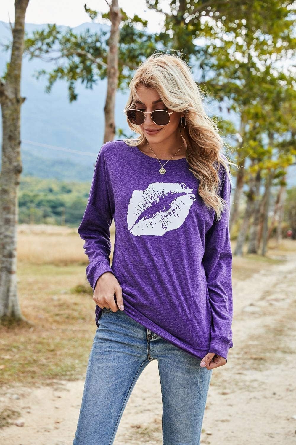 Casual Loose Fit Pocket Shirt for Women Cute Tunic & Printed Tops Blouse Round Neck T Shirts (2XL, lighpurple+whitelips)