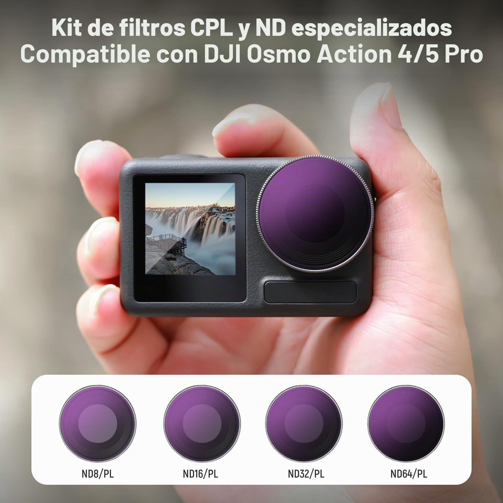 NEEWER Set de filtros ND compatibles con dji Osmo Action 5 PRO/Action 4, Paquete de 4 ND8/PL ND16/PL ND32/PL ND64/PL ND/CPL, Kit de filtros Accesorios de cámara de acción, óptica HD