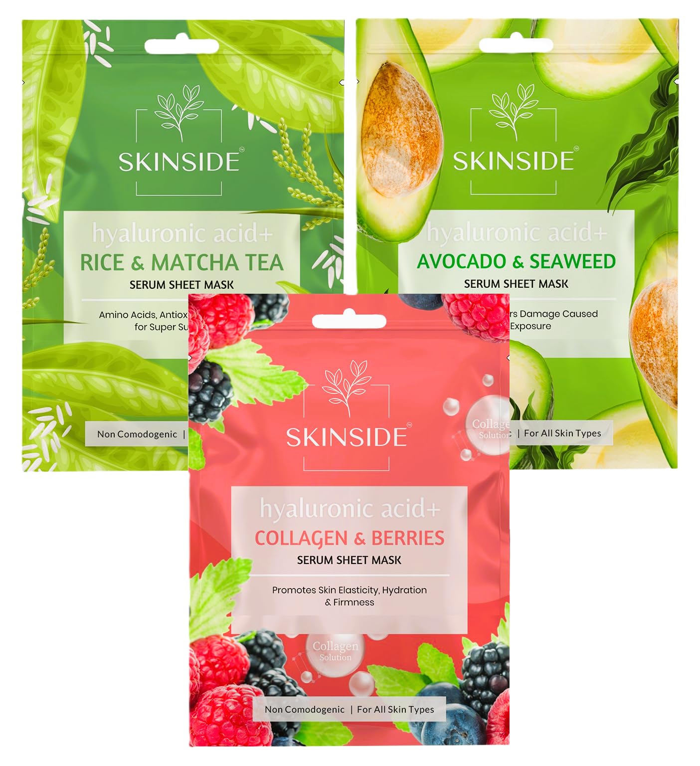 Serum Sheet Mask for Glowing Skin with Hyaluronic Acid | Face Mask Sheets Combo for | Hydrating | Tan & Blackheads Removal | Instant Brightening | Pore Reduction | Fairness | Skin Tightening (3, Rice & Matcha Tea | Avocado & Sea Weed | Collagen & Berries)