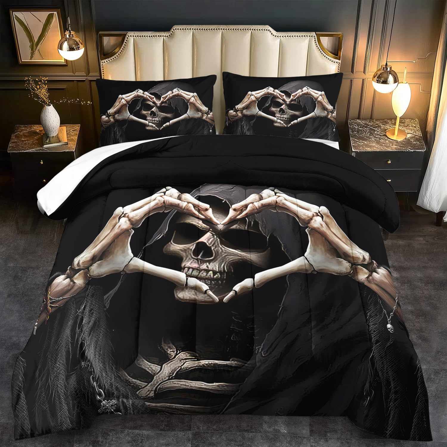 Black Skull Comforter Set Queen Black Goth Comforter Sets for Couple Skull Bedding Girls Medieval Bedding Goth Room Decor Love Heart Bed Quilt Love Home Decor